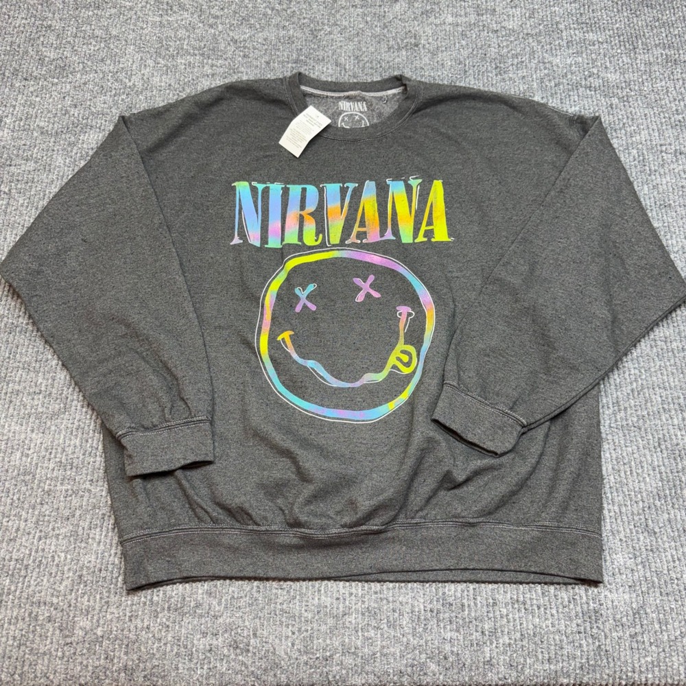 Nirvana Smiley‎ Face Sweatshirt Y2K Charcoal Tie Dye Graphic Crewneck NWT 1X